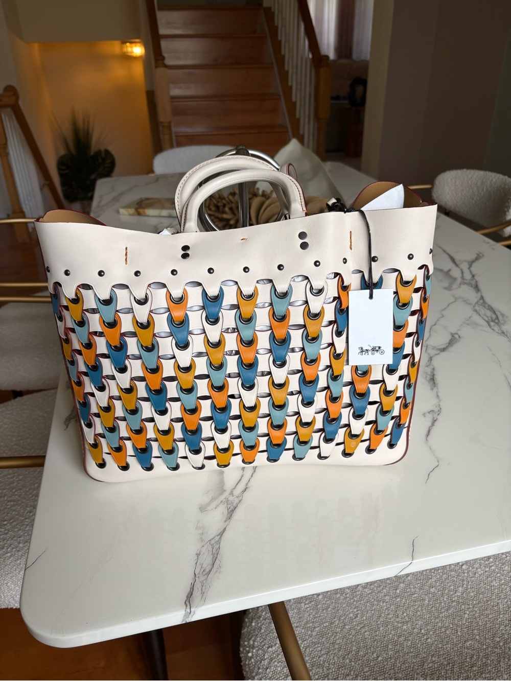 Coach 1941 Rogue Tote bag with links in chalk smooth leather blue,yellow